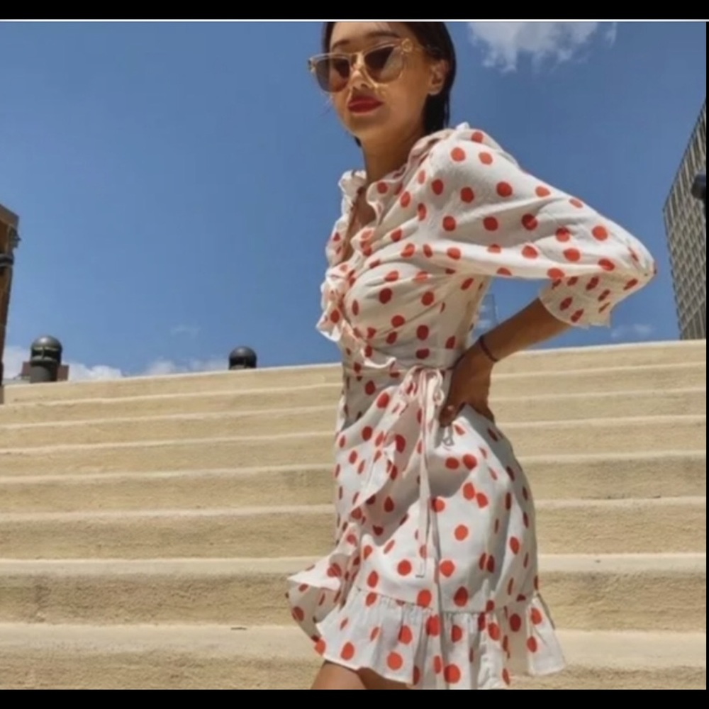 Rixo Polka Dot Sleeve Ruffle Wrap Dress (NWT) - Picture 2 of 5